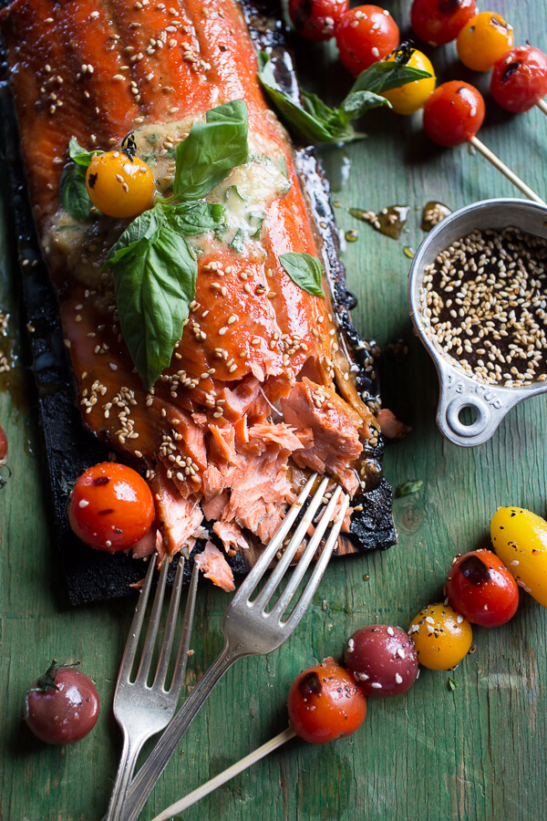 Cedar-Plank-Grilled-Sesame-Salmon-with-Kimchi-Miso-Butter-and-Grilled-Tomatoes-1
