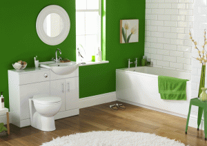 terrific-white-and-green-interior-cute-bathroom-design-ideas-also-round-vanity-mirror-with-brick-wall-plus-fur-rug-as-well-as-freestanding-toilet-wood-laminate-flooring