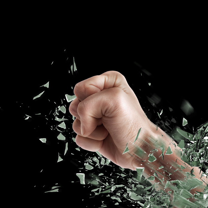 concept. power fist coming out of cracked glass isolated on black background. High resolution